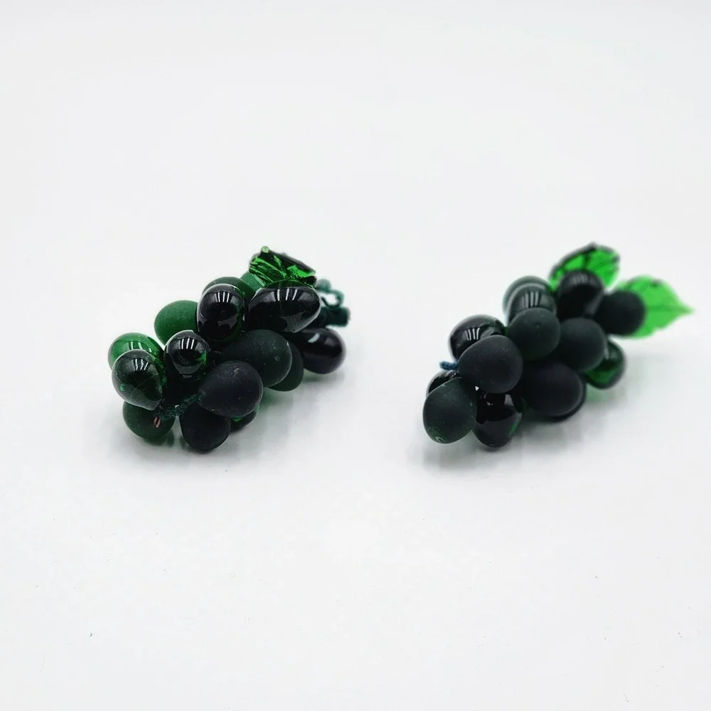 Vintage Green Glass Grape‎ Cluster Set of 2 Fruit Decor Mid Century Table Accent